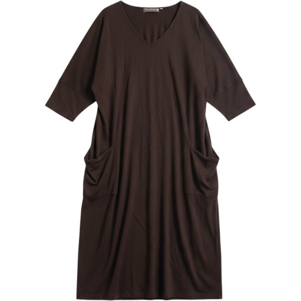 The‎ Mykonos Midi Dress Women M Black Cotton V-Neck Pockets Lagenlook